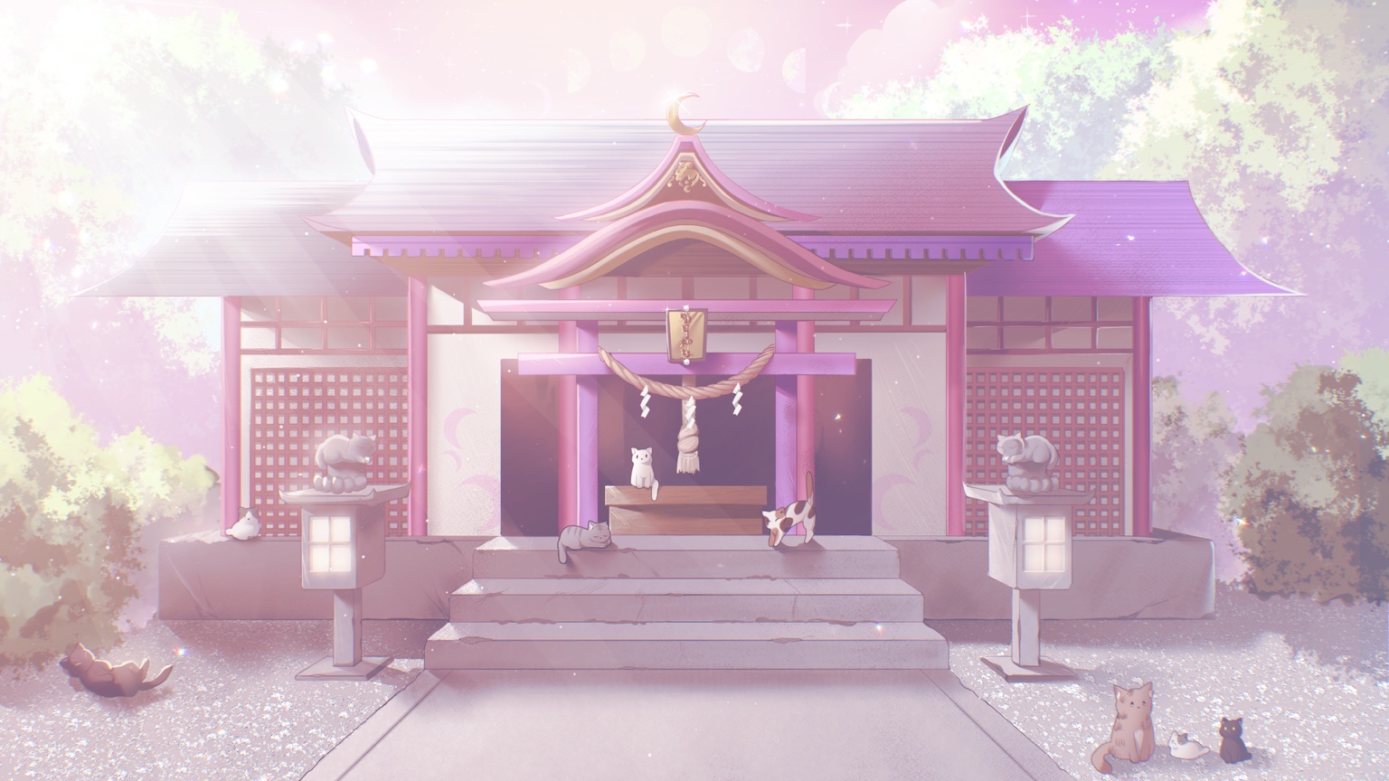 猫たちがくつろぐ猫月神社。ピンク色の社殿と月の飾りが輝く境内